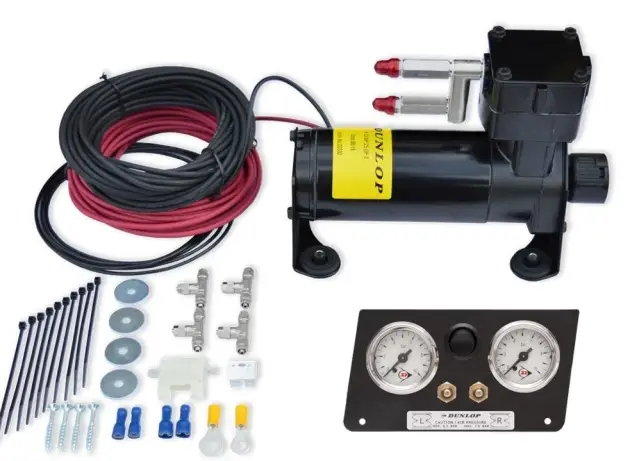 KIT COMPRESSEUR DOUBLE COMMANDE POUR GONFLAGE SUSPENSION PNEUMATIQUE DUNLOP SPECIAL VOLKSWAGEN CRAFTER OU MAN TGE A PARTIR DE 2017 Expédition Rapide