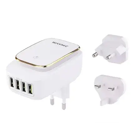 Seulement Aujourd’hui Chargeur secteur4x USB 4.4A avec lumière LED + adaptateurs - fiches pour prises EU, UK & USA WAYME