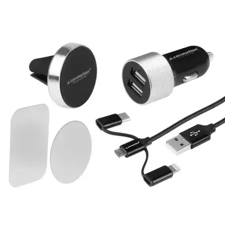 Kit de voyage : 2x chargeur USB 3.1A + câble 3en1 : micro USB / Lightning / USB-C + support magnétique pour l'entrée d'air Solde
