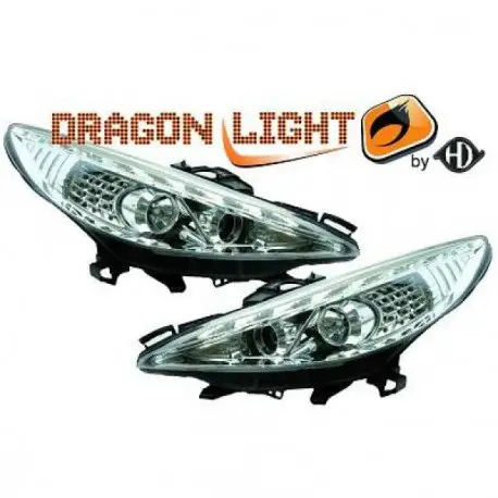SET DE DEUX PHARES AVANT LED DESIGN PEUGEOT 207 (06-12) - MOD 1 - CHROME - CLIGNOTANT LED Populaire