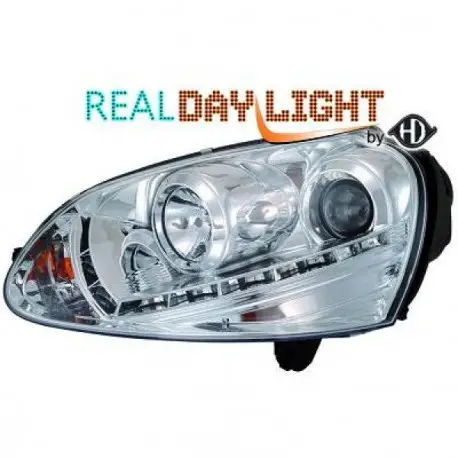 SET DE DEUX PHARES AVANT DESIGN AVEC LED - FEUX DE JOUR - CHROME - H7/H1 - VW GOLF 5 (03-08) - JETTA (05-10) Bon Marché