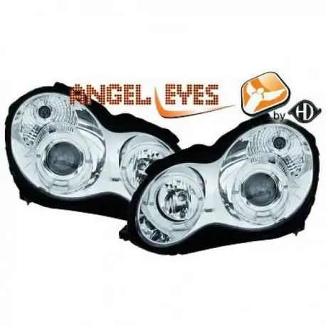 SET DES 2 PHARE AVANT MERCEDES CLASSE C W203 (00-07) LOOK ANGEL EYES - H1/H1 - CHROME - AVEC REGLAGES HAUTEUR PHARES Promotion