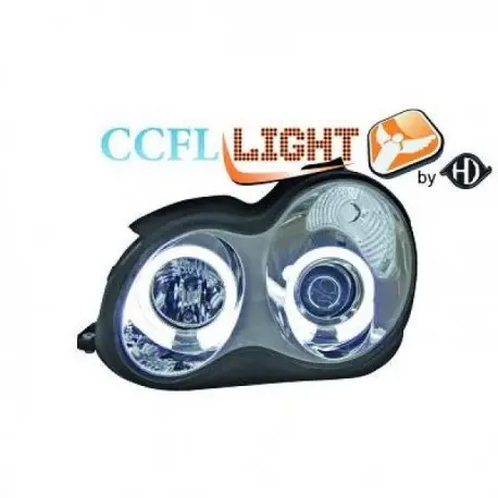 SET DES 2 PHARE AVANT MERCEDES CLASSE C W203 (00-07) LOOK ANGEL EYES BLANC CCFL - H1/H1 - CHROME - AVEC REGLAGES HAUTEUR PHARES Promotion