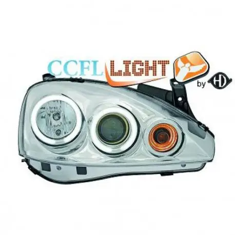 SET DE DEUX PHARES AVANT ANGEL EYES OPEL CORSA C (00-06) - H1/H1 - AVEC CLIGNOTANT - FOND CHROME - MOD1 - ANGEL EYES BLANC AU Commander Vite