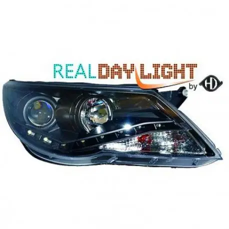 Meilleur Choix SET DE DEUX PHARES AVANT DESIGN À LED FOND NOIR VW TIGUAN (07-11) SANS XÉNON D'ORIGINE - H1/H1 - MOD 2 - FEUX DE JOUR R87