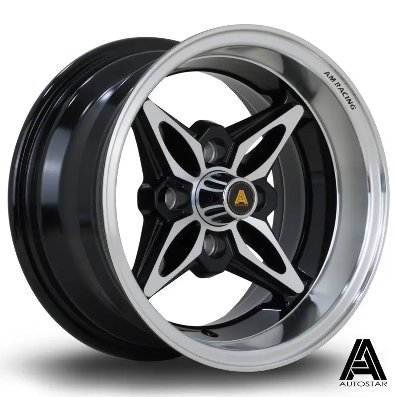 Super Prix Autostar Kanji 13x7" 4x114.3 ET-7, Noir Brillant, Rebord Poli