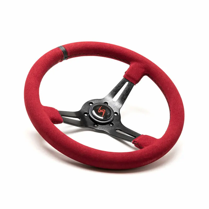 Volant DriftShop Tulipé (70 mm), Cuir Rouge Retourné, Branches Noires Prix Réduit