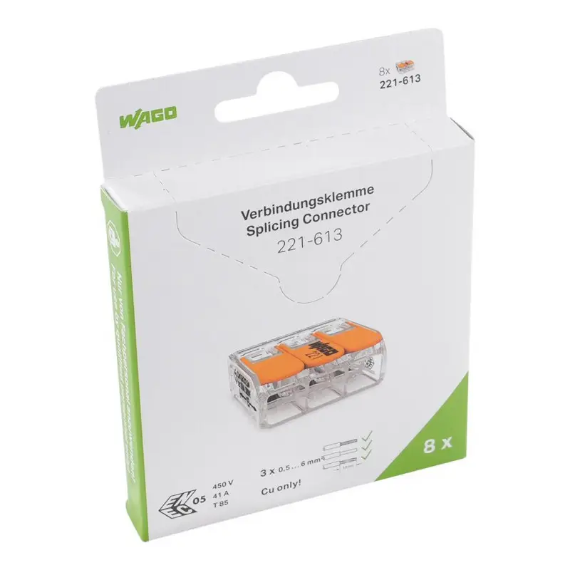 Offre Limitée Boîte de 8 bornes WAGO 221 3x6mm² à leviers souple & rigide - WAGO | 221-613/995-008