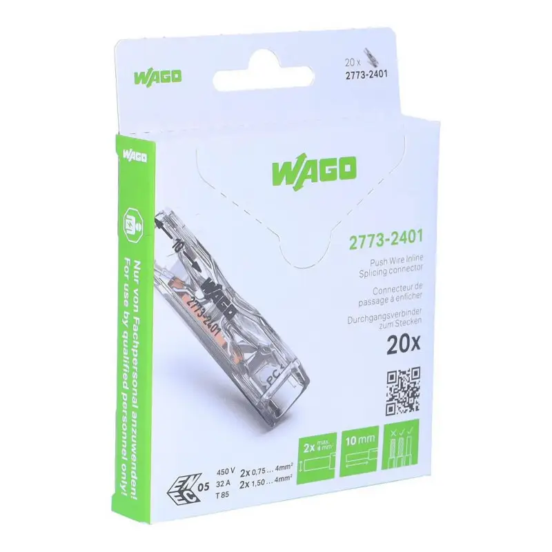 Nouveauté Boîte de 20 bornes WAGO 2773 Inline 2x4mm² rigide - Wago | 2773-2401/995-020