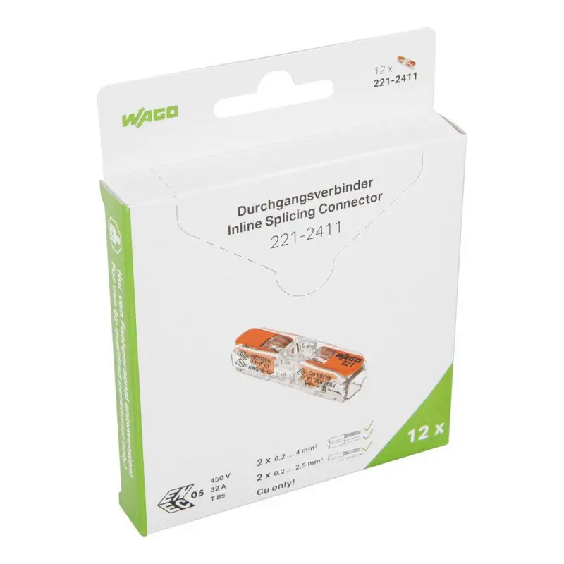 Boîte de 12 bornes WAGO 221 Inline 2x4mm² à leviers souple & rigide - Wago | 221-2411/995-012 Offre Limitée